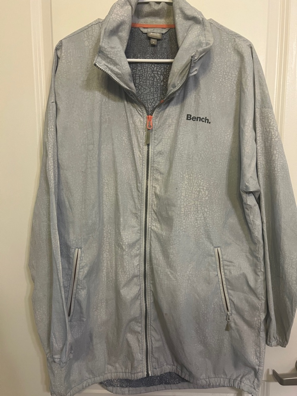 Bench Light Gray Lightweight Zip Jacket With Subtle Crackle Pattern.